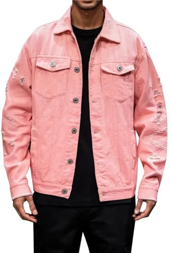 RUMAOZIA Giacca in jeans da uomo, basic, elasticizzata, con colletto alto, per le mezze stagioni, per il tempo libero, estiva, con cappuccio, slim fit, jeans, O rosa., XL