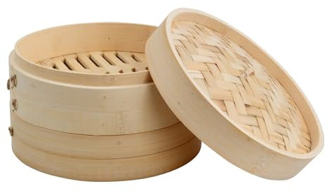 YILANJIN Panier Vapeur Bambou 21cm, Cuiseur Vapeur Bambou, 2 Niveaux Cuiseur Vapeur Bambou Fait à la Main, Steamer Bamboo Steamer Naturel, pour Boulettes, Légumes, Riz, Viande, Dim Sum