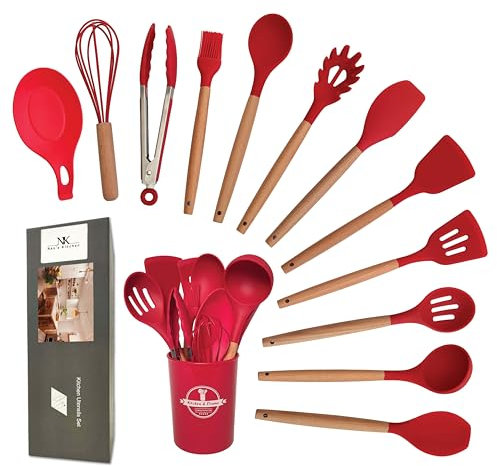 13pcs Silicone Kitchen Utensils Set with Natural Wooden Handles and Holder, Non Stick, BPA Free, Heat Resistant Cooking Utensils, Spoon, Tongs, Spatula, kichen Tool Set, cookware Accessories (Red)