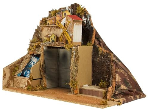 Avilia Napolitanische Weihnachtskrippe, handgefertigt, mit Mühle und echtem Wasserfall, 42 x 35 x 43 cm, ideal für Ihre Weihnachtsdekoration, Elegante und detaillierte Krippe mit Figuren und Tieren