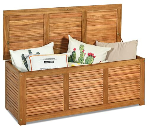 RELAX4LIFE Cassapanca in Legno di Acacia Massello, Baule Contenitore 160L per Interno/Esterno con Coperchio Ribaltabile, Design a Doghe Traspirante (120x45x45 cm-160L)
