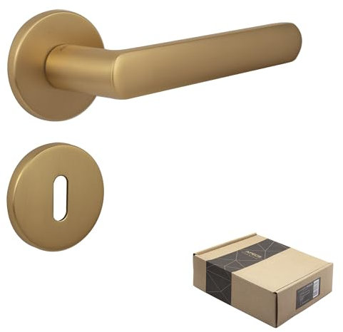 APECS Tirador de puerta interior dorado mate moderno para puerta de casa y puerta interior con rosetas redondas, juego de manillas con material de fijación, herrajes para puerta modelo KUMA BB –