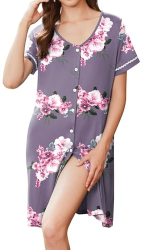 Ekouaer Damen Nachthemd Kurzarm Sommer Nachtwäsche Printed Sleepshirt T-Shirt Sleepwear Frauen Nachtwäsche mit Taschen Grau-rosa M