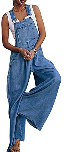 Fiacafyo Women Casual Wide Leg Denim Dungaree Jumpsuit Loose Fit Jean Denim Bib Jumpsuit High Waist Jean Pants Jumpsuits with Pockets (D-Blue, L)