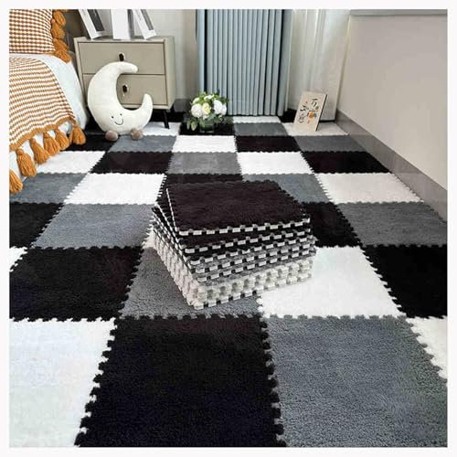 Plüschige Puzzle-Schaumstoff-Bodenmatte,18 Stück 30 Cm Ineinandergreifender Teppich Quadratische Flauschige Schaumstofffliesen,Weiche Spielmatten Als Dekoration Für Wohnz(Color:Weiß + Grau + schwarz)