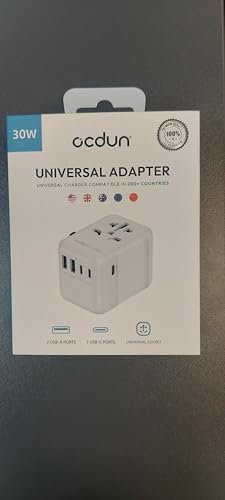 ocdun Universal Travel Adapter with 3 USB-C Ports (1 PD 30W), 2 USB-A Ports & AC Socket – Worldwide Plug Adapter for UK, EU, USA, Australia, Thailand & More (White, 30W)