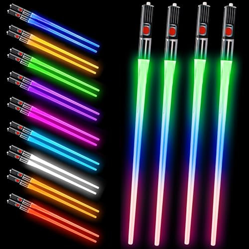 Joycabin 2 Paar Leuchtende Essstäbchen, LED Lichtschwert Essstäbchen mit 9 Farbmodi, BPA Frei und Lebensmittelecht, Lightsaber Chopsticks Wiederverwendbar für Küchen Dinnerparty Sushi Besteck (Stil B)