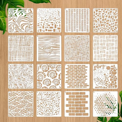 16 Pcs Paint Stencils for Crafts Reusable Wall Stencils for Painting, Texture Mixed Brick Stencil, Art Painting on Wood Wall Canvas Template for DIY Canvas Scrapbooking Card Making (6 X 6 Inch)