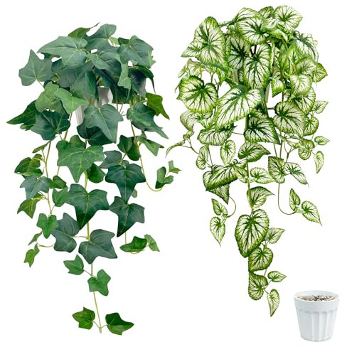 2 Stück Hängepflanze Künstlich mit Töpfen, Efeu und Caladium Kunstpflanze Hängend, Künstliche Hängepflanzen wie echt Artificial Plants Plastikpflanzen Deko für Indoor Outdoor Draußen Garten Deko