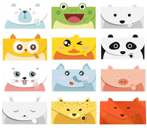 RTRTGS 12 Stück Mini Umschläge, Cartoon Tier Grußkarte, Briefumschläge, Kleine Briefumschläge Mini, für Geschenkkarte, Hochzeit, Geburtstag, Party Supplies (16 x 8 cm) (Bunt)