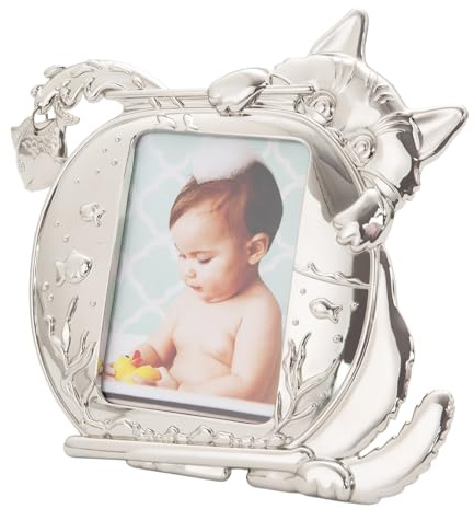Happy Homewares Quirky Hiding Cat Themed Nickel Plated Picture Frame with Hanging Fish | Holds 4x4 Inch Photograph | Black Felt Backing
