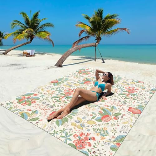 Surwin Stranddecke Sandfrei Wasserdicht, XXL Groß Strandmatte Faltbar Ultraleicht und Tragbar Picknickdecke für Strand, Camping, Outdoor (200x200cm,Rote Blume)