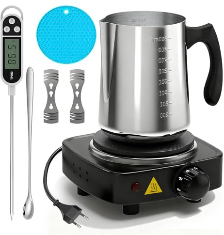 GOMETY Premium-Wachsschmelzer Set für Kerzenherstellung, Wachsschmelztopf mit Ausgießvorrichtung DIY Kerzen Selber Machen Set enthält Heizplatte, 900ml Gießkanne, Rührlöffel, Dochthalter, Thermometer