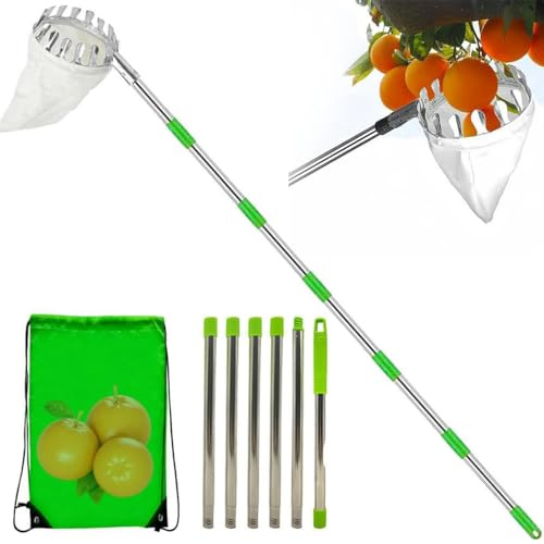 NEWFUN Cueille Fruit Telescopique,Cueille Fruit,Cueille Fruit Télescopique,Cueilleur De Fruits avec Sac en Tissu, 4.2 Mètres, Acier Inoxydable, Facile à Assembler, Economie De Main-d'œuvre