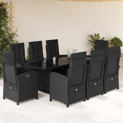 Tonture 9-TLG. Garten-Essgruppe Schwarz aus Poly Rattan, verstellbare Stühle, Glastisch, Kissen, für Terrasse, Balkon, Außenbereich