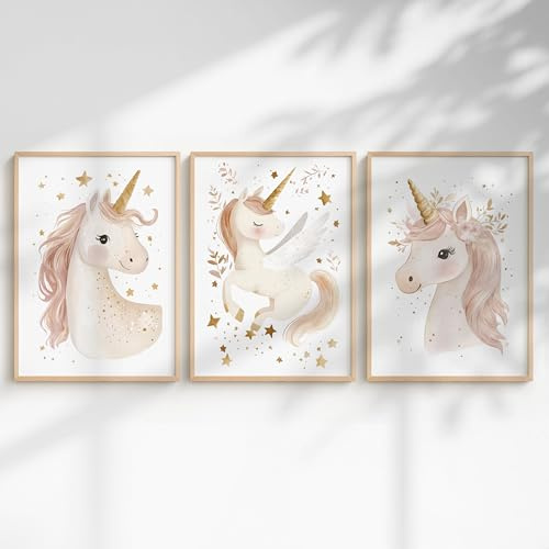 Generisch 3er Poster Set Kinderzimmer Mädchen – Babyzimmer Wandbilder mit Einhorn, Prinzessin, Tieren & Regenbogen – Liebevolle Deko fürs Mädchenzimmer (Einhörner, DIN A4, Ungerahmt)