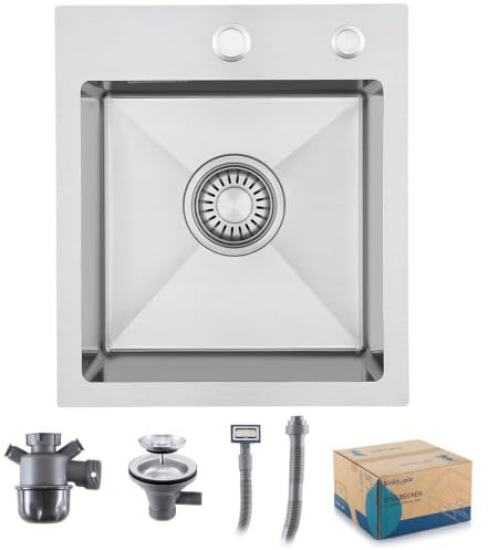 Evier Inox 1 Bac Avec Siphon Évier de Cuisine 2 Trou de Robinet 35×40 cm | Évier Inox Brossé Acier Inoxydable | Avec Trop-Plein et Kit de Vidange pour Cuisine Extérieure de Camping Car