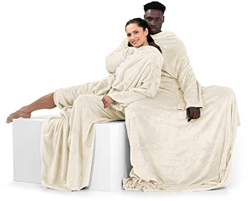 DecoKing Decke mit Ärmeln Geschenke für Frauen und Männer 170x200 cm Creme Microfaser TV Decke Kuscheldecke Weich Lazy