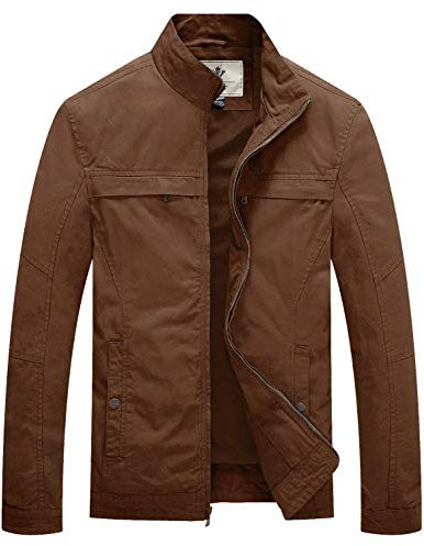 WenVen Giacca in Cotone Militare Leggero Primavera Giaccone Classica Mezza Stagione con Zip Cappotto Tempo Libero Multitasche Giubbino da Uomo Marrone L