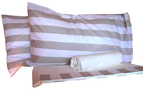 Stickerei-Bettwäsche-Set Große Streifen aus 100 % Baumwolle, Bettlaken + Spannbettlaken + Kissenbezüge – auch nach Maß – Toskanische Handarbeit (Beige, Super Maxi)