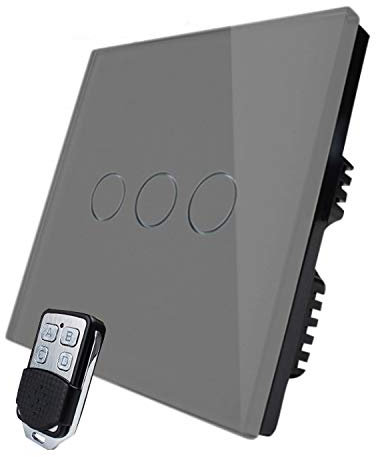 KONOQ Glass Panel Smart Touch Light Switch - Remote ON/Off (3 Gang / 2 Way, Grey)