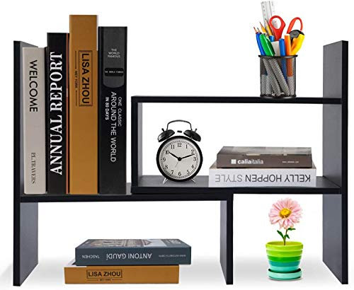 Hossejoy Wood Adjustable Bookshelf Bookcase, Expandable Desktop Storage Organizer Display Shelf Rack, Office Supplies Desk Organizer, Black