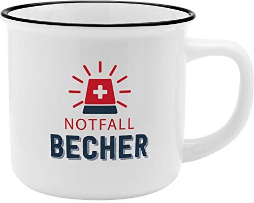 GRUSS & CO Becher Motiv Notfall | New Bone China Porzellan, Emaille-Optik, 35 cl | Geschenk lustig | 46975