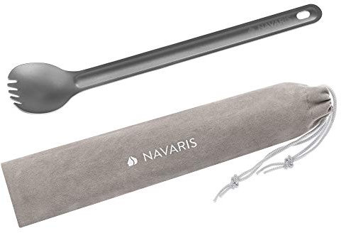 Navaris Cuillère fouchette Manche Longue - 100% Titane Durable 15g 21,5 x 3,9 cm - pour remuer doser saisir Cuisine extérieur campeurs randonneurs