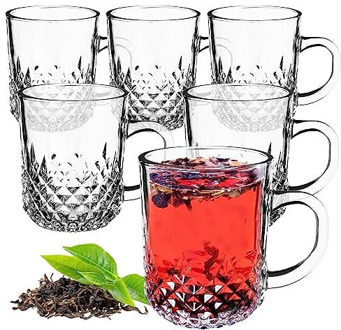 KADAX Teegläser 230ml, 6er Set, Gläser mit Griff, Glastassen für 6 personen, spülmaschinenfest, Trinkgläser für Kaffee, Tee, Wasser, Saft, Drink, Saftgläser, Wassergläser (Modell 2)