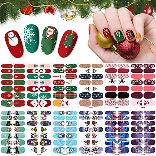 EBANKU 12 Sheets Christmas Self-Adhesive Nail Art Stickers - Snowflake, Santa Claus, Penguin, Snowman, Christmas Tree Decals With Nail File for Xmas Decoration