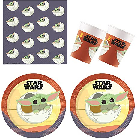 Procos 10210600 10210600 Disney Star Wars Mandalorian Party Set 52 Pieces Plates 16 Cups 20 Napkins Disposable Tableware Party Tableware Table Decoration Marvel Multi-Coloured