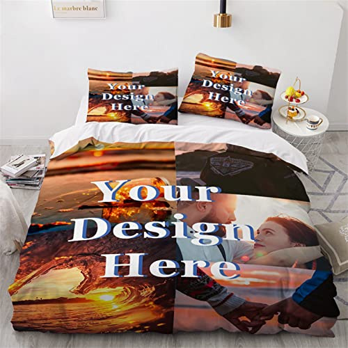 GIBZ Personalisiert Bettbezug mit Foto 3 Teilig Bettwäsche-Set Kissenbezug 3D Bedruckte Bettwäsche für Paare, 203 x 229cm, 5 Fotos