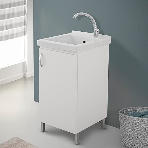 Mobile lavatoio Lavanderia in Legno con Vasca in Ceramica Resistente agli acidi, Completo di Kit sifone + piletta (Bianco, 45x50 cm 1 Anta)