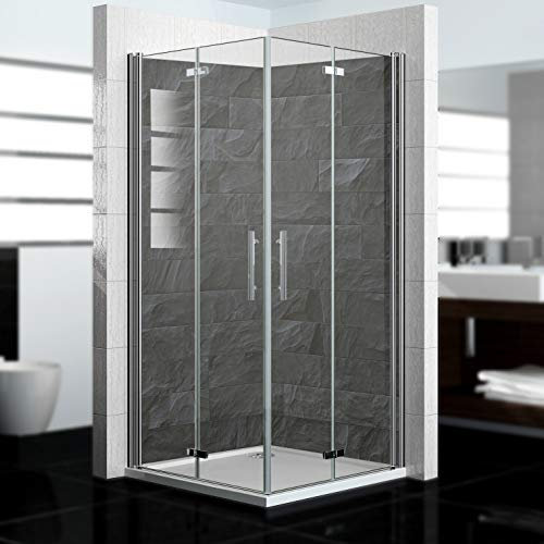 dedeco Eck-Duschrückwand wasserfest Motiv: Naturstein anthrazit, UV-Lack glänzend, 2x 80x210 cm, Badrückwand zum Fliesenersatz, Dekorwand, Wandverkleidung, Duschplatte aus Aluminium - Made in Germany