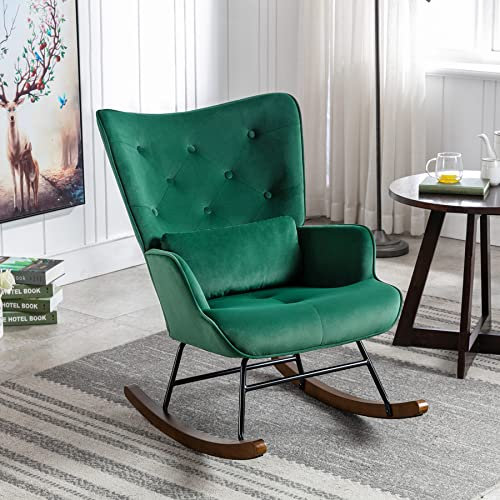 Fauteuil à Bascule en Velours Rembourré avec Support Lombaire, Chaise a Bascule Scandinave à Structure en Métal et Pieds en Bois, Fauteuil Allaitement pour Salon, Balcon, Chambre d'enfant (Vert foncé)