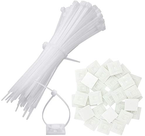 baixikly White Cable Ties Clear 100 Pack 150mm x 3.6mm Strong Back-Glue Self Adhesive Mounts, White Nylon Zip Tie, High Temperature Resistance,Super Traction, for Managing Various Cables