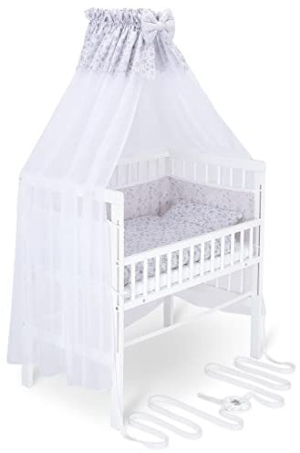 FabiMax Baby Beistellbett für Boxspringbett, TÜV geprüft 2022, inkl. Matratze und Komplett Set, Buche massiv weiß, Comfort/graue Blümchen