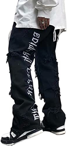 ORANDESIGNE Herren Jeans Streetwear Buchstaben Druck Niedriger Anstieg Baggy Jeans-Hose Gerade Hip Hop Denim Hosen Weites Bein Cargo Jeans J Schwarz M