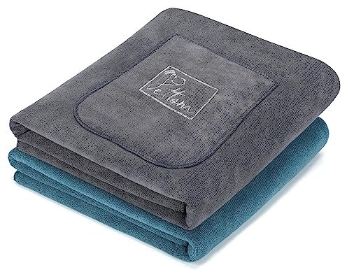 PETTOM 2 Stücke Hundehandtuch Extra Saugfähig, Hundehandtuch Große Hunde 130 * 75cm, Handtuch Hund Microfaser Schnelltrocknend, Grau&Blau