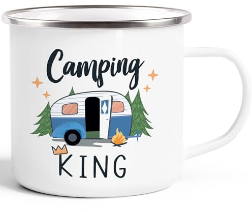 Moonworks® Tasse en émail Camping Queen King Caravane Cadeau Camper Camping Vacances Accessoires King émail blanc argent standard
