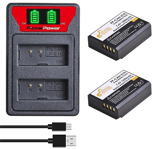 Pickle Power 2-Pack 1500mAh LP-E10 Battery with Dual Charger for Canon EOS 1300D 2000D 1100D 1200D, EOS Rebel T3, T5, T6, T7, T100, Kiss X50, X70 X80, X90