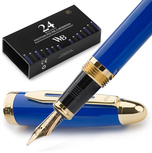 Wordsworth & Black Füllfederhalter Majesti (Blau), luxuriöse Hülle, 24 Karat Gold-Finish, mittlere Feder 18 Karat – Tintenpatronen, nachfüllbarer Tintenkonverter – Kalligraphie-Stift