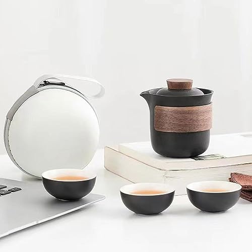 Mini théière de voyage en céramique Kung Fu, 1 théière chinoise Kung Fu, 3 tasses à thé en porcelaine avec infuseur à thé, sac portable pour la maison, le bureau, l'extérieur, le pique-nique - Noir