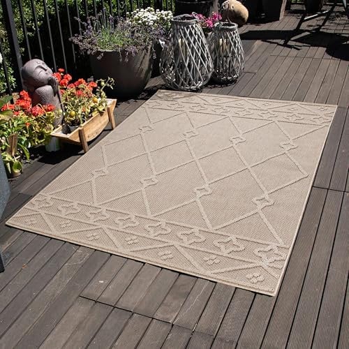Carpettex Outdoor Teppich Wetterfest 160x230 cm Sisaloptik Beige - Ideal für Balkon, Garten, Terrasse, Camping und als Küchenteppich - Waschbarer Teppich, Berber Design, Flachgewebe