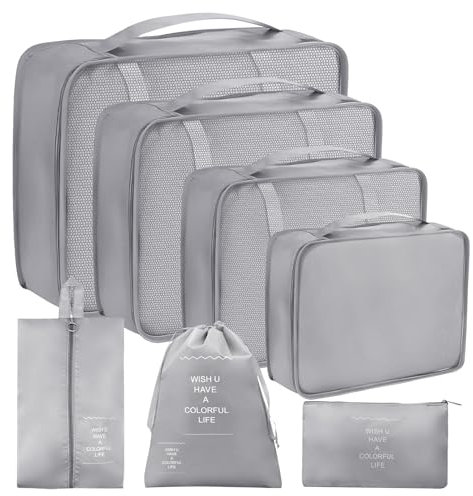 7 Pièces Organiseurs de Bagage pour Voyage, Organisateur Valise Packing Cubes, sacs à vêtements pour valises Vêtements Sous-vêtements, Chaussures et Cosmétiques(Gris)