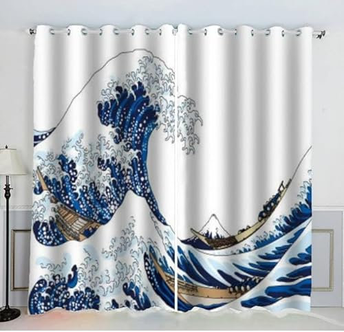 Sepustas Rideaux Vague Japon Chambre pour Adultes Rétro Rideau Occultant Chambre Fille Garcon Rideaux Chambre Ado Isolation Thermique et Réduction du Bruit Rideau （200x200 cm）