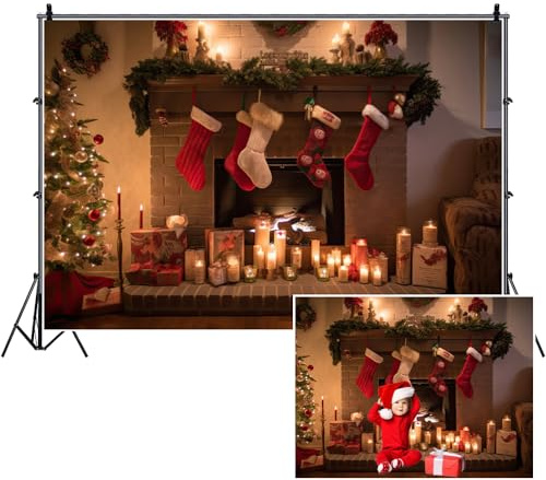 SDOTPMT 7x5ft Frohe Weihnachten Polyester Hintergrund für Fotografie Kamin Santa Geschenk Weihnachtsbaum Hintergrund Familie Reunion Hintergrund für Neujahr Event Party Dekor Foto Stand Requisiten