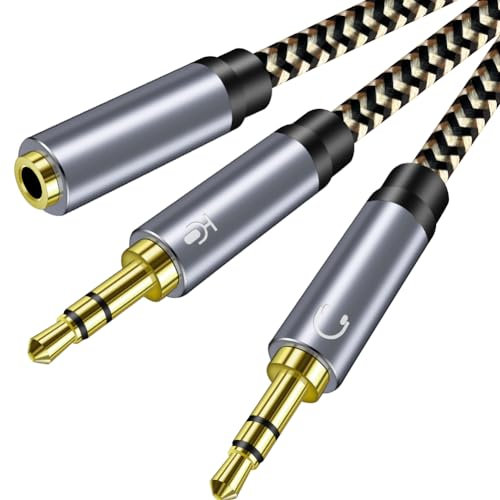 Hanprmeee Headphone Mic Splitter CTIA Standard 3.5mm Female to 2 Dual 3.5mm Jack Male Microphone Audio Y Splitter Adapter Cable Compatible with PC,Laptop Desktop,Gaming Headset,Speaker (1.5M)