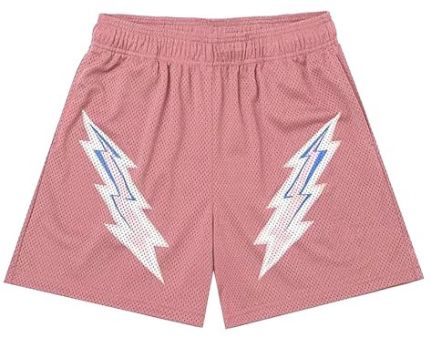 DIOTSR Pantaloncini da uomo con grafica retrò, atletica, corsa, basket, casual, streetwear, pantaloncini con tasche con coulisse, Fulmine rosa-rosa, L