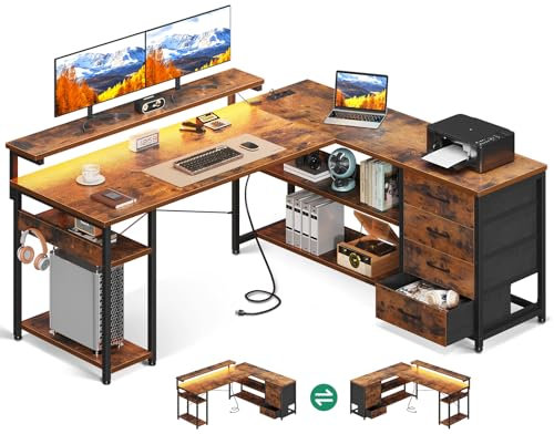 ODK Schreibtisch mit Schubladen, Reversible Eckschreibtisch mit 2 Steckdosen und 2 USB Ladeanschluss, Bürotisch L Form mit LED für Home Office 135×110cm (Vintage-Braun)